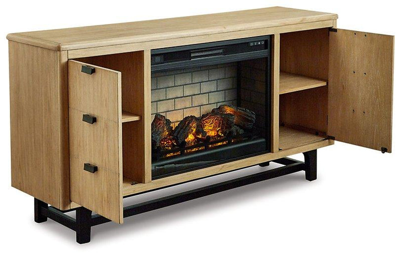 Freslowe Light Brown/Black TV Stand with Electric Fireplace