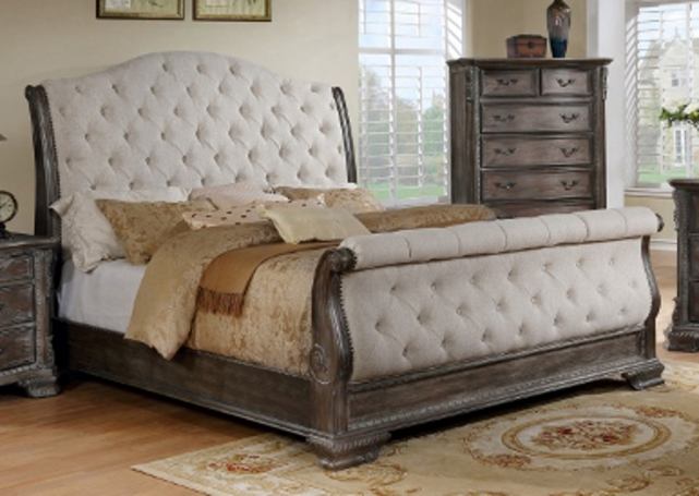 CrownMark Sheffield Upholstered Sleigh Bed Antique Grey Complete Set