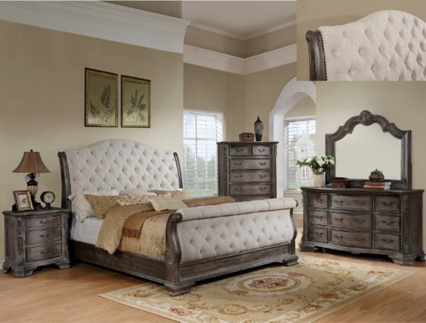 CrownMark Sheffield Upholstered Sleigh Bed Antique Grey Complete Set